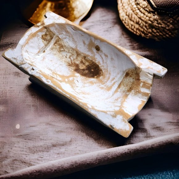 Wood Dough Bowl Small w/Handles White Wash 10x6x2 - Picture 10 of 10